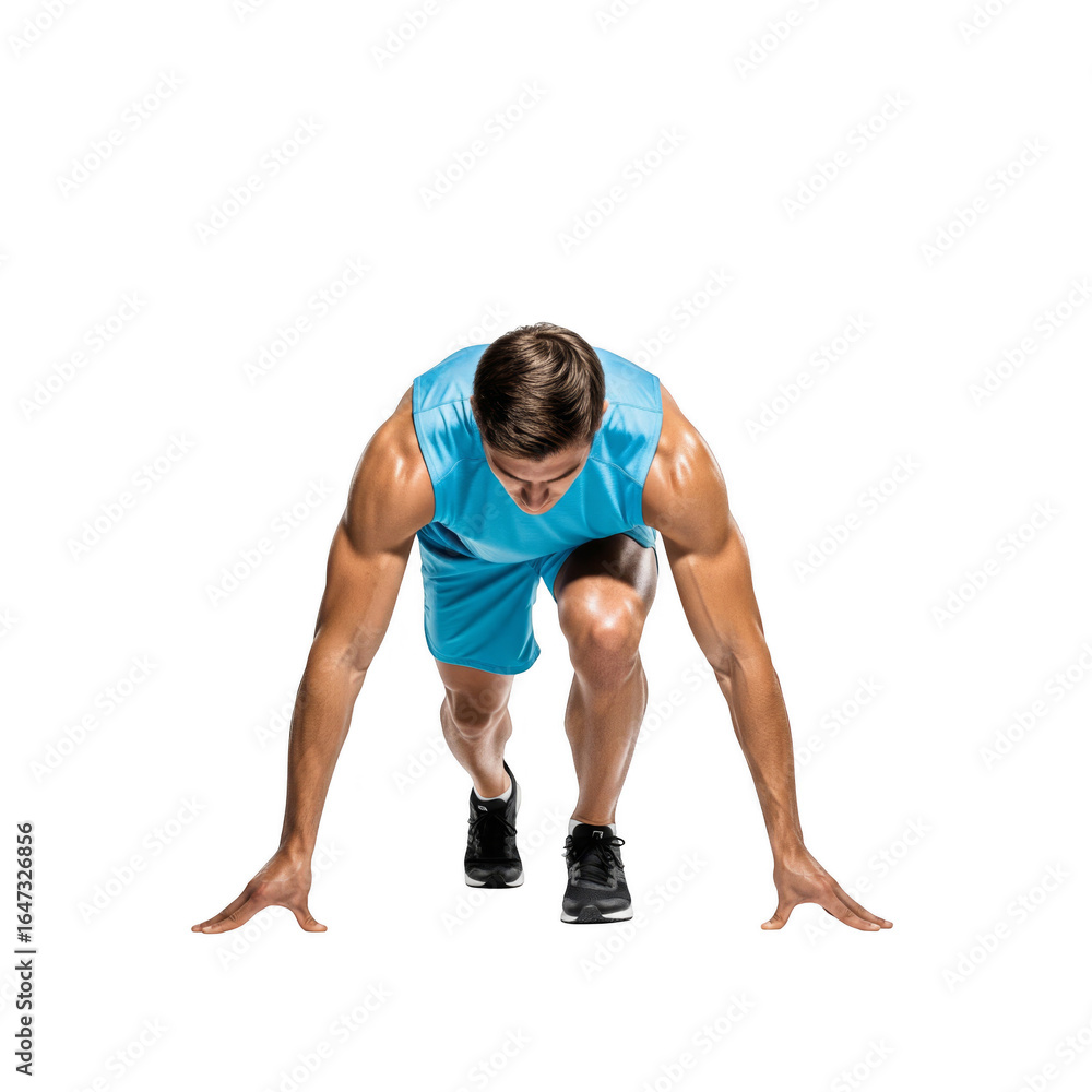 Young caucasian male athlete in starting position isolated on transparent background Young caucasian male athlete in starting position isolated on transparent background