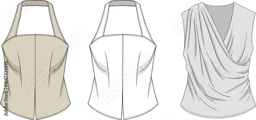 Women’s sleeveless halter top and draped blouse flat sketch, front view CAD drawing, fashion vector illustration, clothing design template, apparel blueprint, stylish summer wear sewing pattern