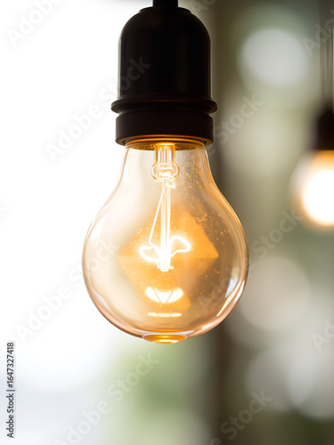 Glowing light bulb shines brightly against a blurred background