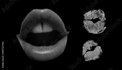 Gray lips with kiss marks on black background in halftone style. Set  y2k brutalism