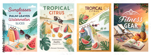 Vibrant summer-themed illustrations featuring tropical fruits, sunglasses, and fitness gear.