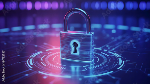 Wallpaper Mural Close up of a padlock on a digital surface with blue and purple lighting and bokeh effect in the background Torontodigital.ca