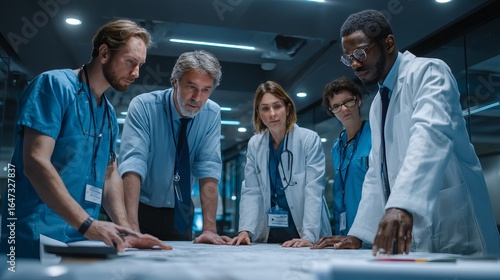 Group of diverse medical professionals collaborating on a project in a modern office.