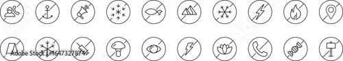 Line Icon Set of Prohibition. Contains Icons of Forbidden Items for Graphics, Concept, Apps