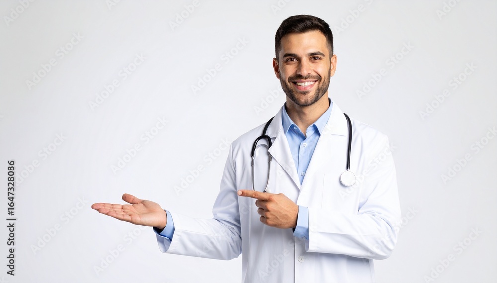 Smiling professional male physician in a white coat with a stethoscope around his neck, standing confidently Smiling professional male physician in a white coat with a stethoscope around his neck, standing confidently