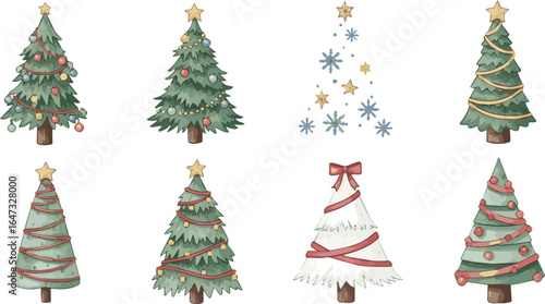 Create a kinds of deferent christmas, tree, holiday, decoration, christmas tree, xmas, celebration, star, fir, gift, winter, new year, ball, vector art with white background.