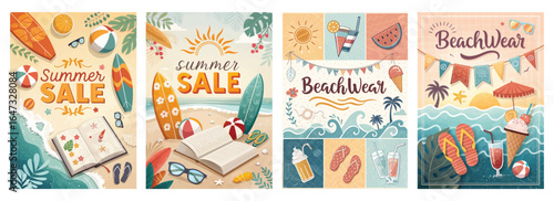 Colorful summer sale banners featuring beach-themed illustrations and cheerful designs.