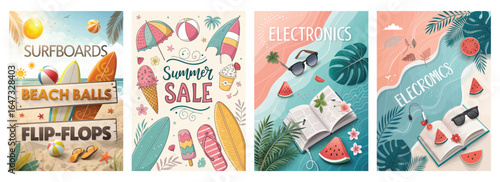 Colorful summer sale banners featuring beach elements, surfboards, and electronics, evoking a vibrant beach vibe.