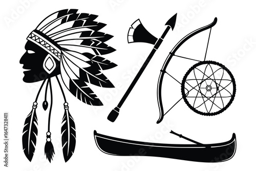 Native American cultural symbols including headdress canoe and bow indian feather headdress