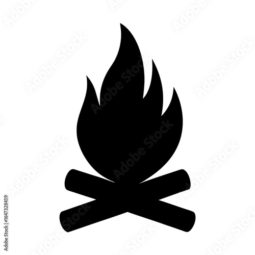 Simple black silhouette of a blazing bonfire with crossed logs below
