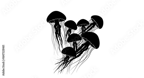 elegant black silhouette of jellyfish swarm perfect for marine biology oceanthemed designs and creative projects seeking a touch of aquatic elegance