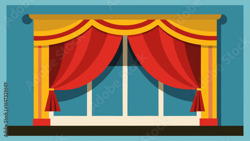 A red and yellow curtain with a blue stripe. The curtain is open to reveal a stage. The stage is empty and the curtain is closed