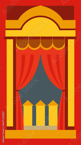A red and yellow curtain with a blue stripe. The curtain is open to reveal a stage. The stage is empty and the curtain is closed