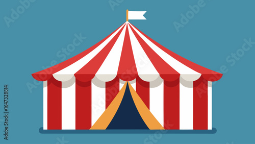 A red and white tent with a yellow flag on top. The tent is set up for a circus