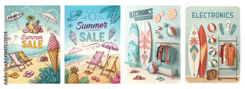 Colorful summer sale posters featuring beach scenes, surfboards, and summer apparel, evoking a vibrant seasonal spirit.