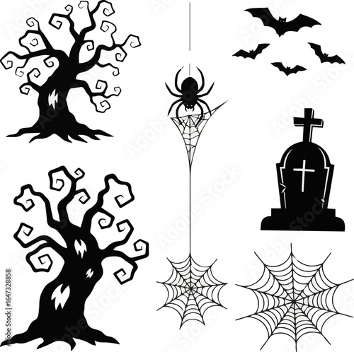Create a kinds of deferent halloween, black, trunk, drawing, season, spring, roots, forest, flower, branches, pattern, old, summer vector art silhouette with white background.