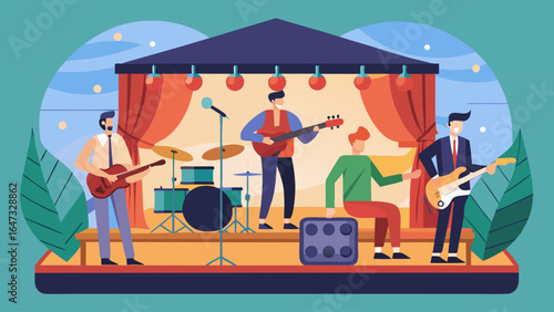 A group of musicians are playing on stage in front of a crowd. Scene is lively and energetic, as the musicians are performing for an audience
