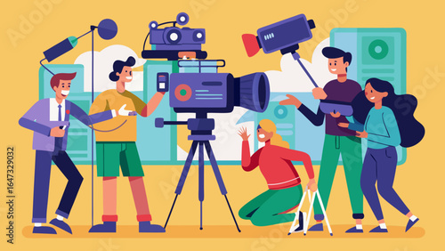 A group of people are working on a film set. Scene is lighthearted and fun, as the people are all smiling and enjoying themselves. The concept of the image is likely a film or television production
