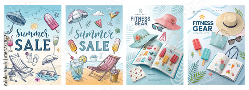 Colorful summer sale posters featuring playful illustrations and vibrant beach-themed elements.