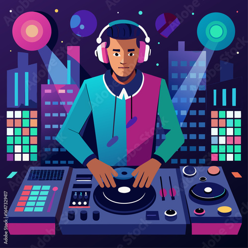 A man is playing a DJ set with colorful lights and a colorful background. The man is wearing headphones and is focused on his music. The scene is lively and energetic