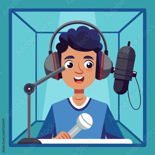 A cartoon boy wearing headphones and a microphone is sitting in a recording booth. He is smiling and he is enjoying himself