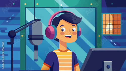 A cartoon boy wearing headphones and a microphone is sitting in a recording booth. He is smiling and he is enjoying himself