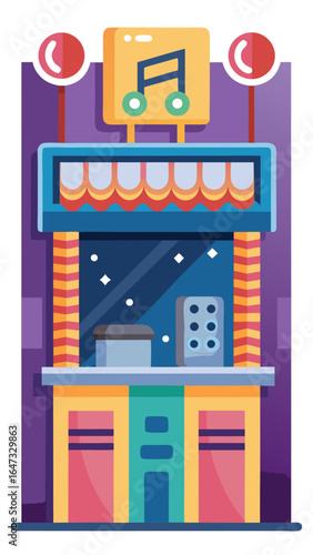 A music store with a stage and speakers. The store is colorful and inviting. The music store is a place where people can come to listen to music, buy instruments, and attend concerts