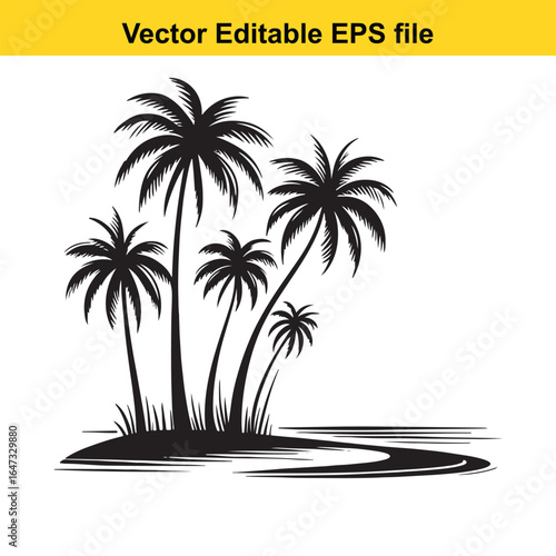 Island, beach, palm tropical palm trees on a small island with water, isolated on white background