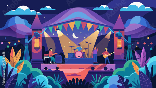 A group of musicians are performing on a stage in front of a crowd. The stage is decorated with colorful banners and lights, creating a festive atmosphere