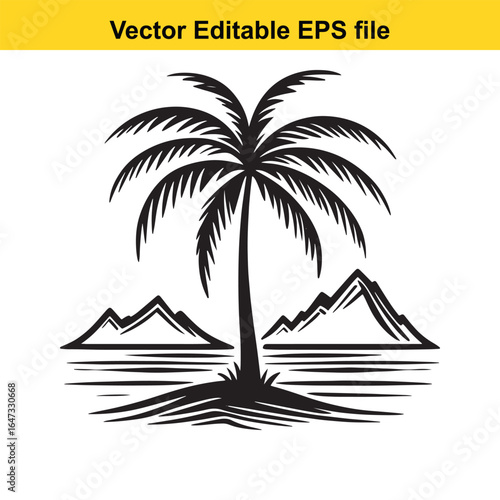 Island, beach, palm silhouette of a palm tree on a tropical island with mountains and ocean