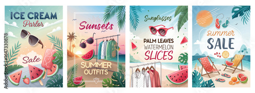 Vibrant summer-themed graphics featuring ice cream, watermelons, and beachwear promotions.