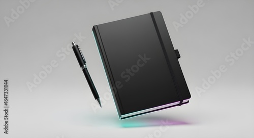 “Floating Journal and Pen Mockup – Black Full Block, Minimalist Blank Cover, Neon Gradient Edges, Transparent Background, Premium Stationery Showcase”