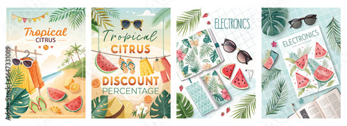 Colorful tropical-themed designs featuring fruits, fashion, and electronics for summer promotions.