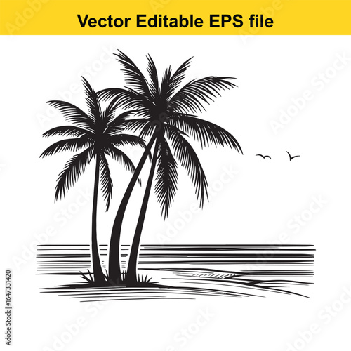 Island, beach, palm two palm trees on a tropical island beach with ocean waves and birds