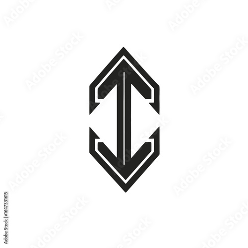 Black geometric logo with arrows pointing up and down on white