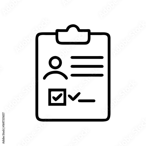 Clipboard with document displaying checklist, form, and a profile icon, indicating data entry.