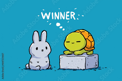 Perseverance over speed, cute tortoise and hare illustration with winner mindset message on blue background
