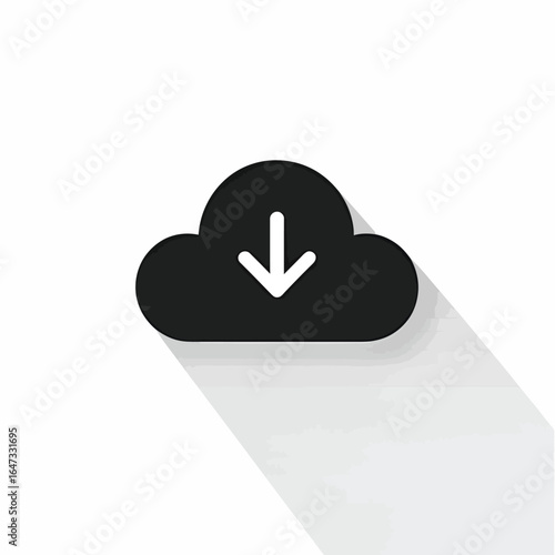 Black cloud download icon with long shadow on a clean white background