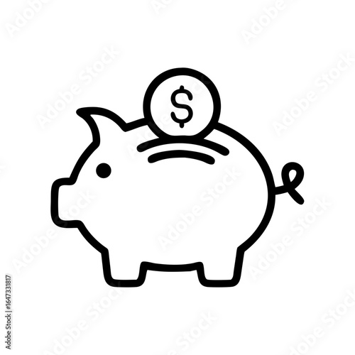 Stylized pig bank with a coin, representing savings, finance, and monetary growth.