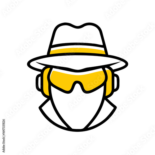 A stylized figure wears a fedora and yellow goggles, embodying mystery and covert operations.