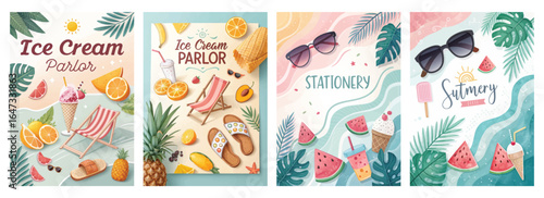 Colorful summer-themed illustrations featuring ice cream, stationery, and tropical elements.