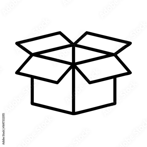 An open cardboard box, simple line drawing, suggesting packaging or storage, empty interior.