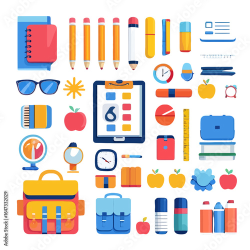 School supplies collection with backpack, pencils, notebook