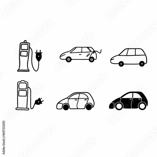 Illustration of electric car and charging station icons, representing sustainable transportation and ecofriendly technology isolated on white background