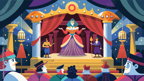 A colorful illustration of a stage with a man in a yellow costume holding a lantern. The man is surrounded by other people in costumes, and there is a large audience watching the performance