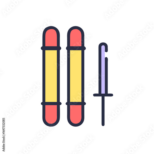 Two upright, colorful cylindrical objects alongside a slender, vertical, similarly colored element.