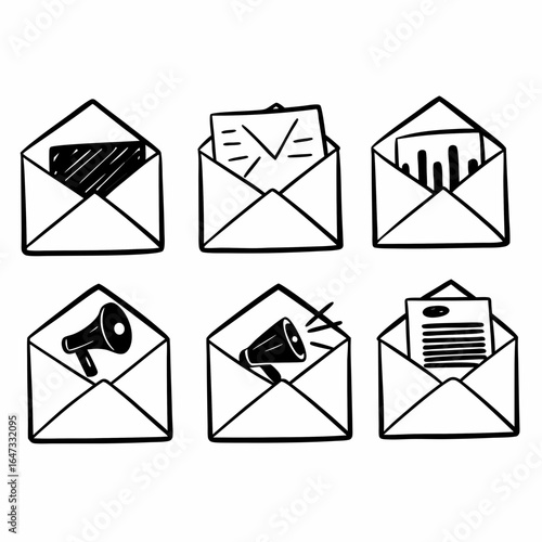 Hand drawn illustration of envelopes and megaphones, representing email marketing and communication isolated on white background
