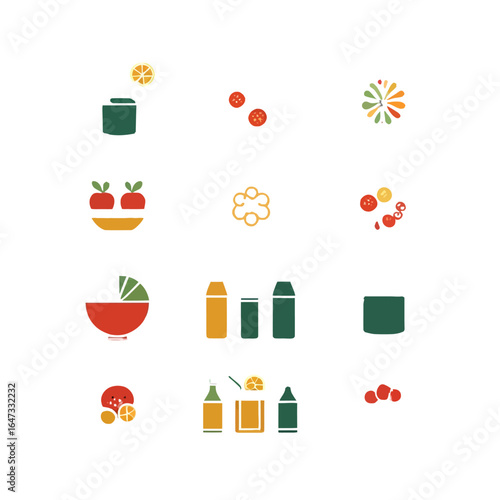 Food and Drink Icons, Healthy Eating, and Colorful Graphic Elements on White