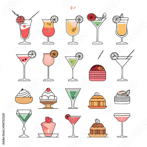 Colorful cocktails and desserts assortment on white background, party illustration