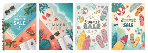 Colorful summer sale banners featuring beaches, sunglasses, and tropical elements designed for a vibrant promotion.